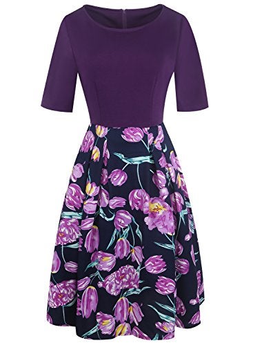 oxiuly Women's Vintage Patchwork Pockets Puffy Swing Casual Party Dress OX165 (Purple, x_l) - Image 2