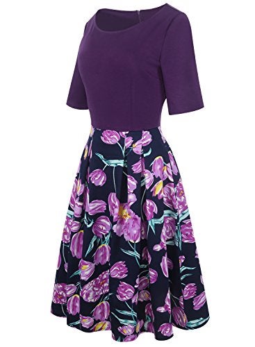 oxiuly Women's Vintage Patchwork Pockets Puffy Swing Casual Party Dress OX165 (Purple, x_l) - Image 3