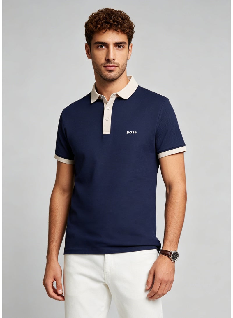 BOSS Men’s Beige Trim Collar Cotton Polo Short Sleeve Top - Navy Blue - Image 3