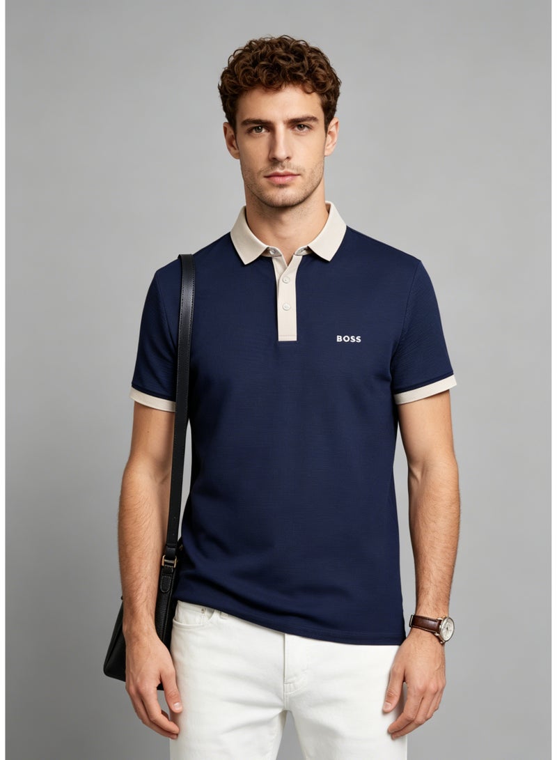 BOSS Men’s Beige Trim Collar Cotton Polo Short Sleeve Top - Navy Blue - Image 1