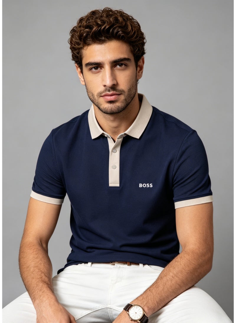 BOSS Men’s Beige Trim Collar Cotton Polo Short Sleeve Top - Navy Blue - Image 4