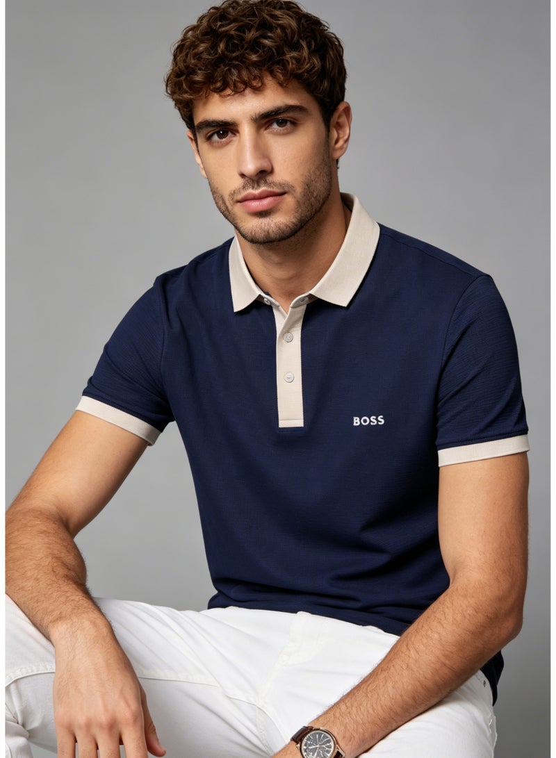 BOSS Men’s Beige Trim Collar Cotton Polo Short Sleeve Top - Navy Blue - Image 2