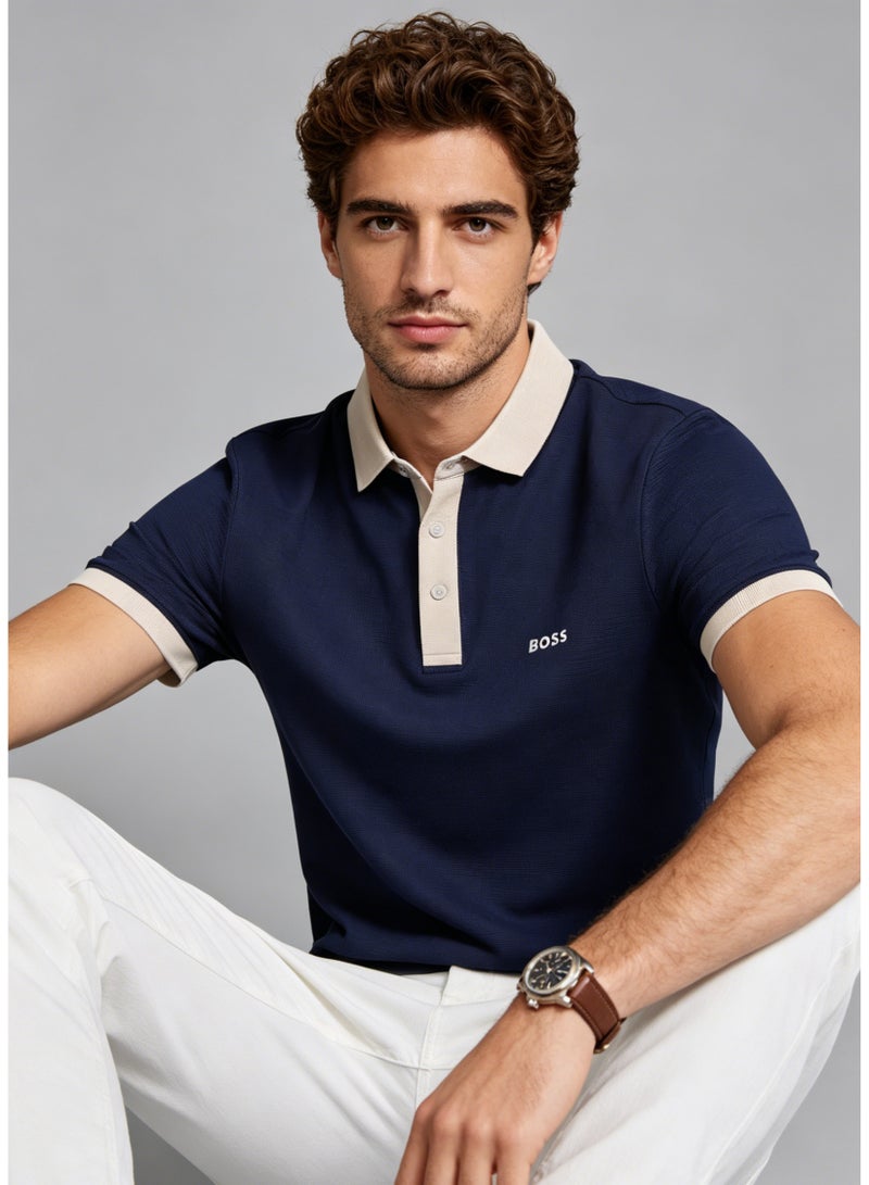 BOSS Men’s Beige Trim Collar Cotton Polo Short Sleeve Top - Navy Blue - Image 5