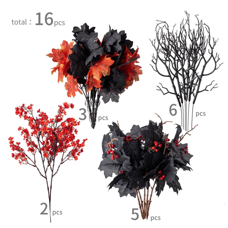 Clycaloor 16pcs Fake Plants Outdoor  Halloween Maple Leaves Branch  Autumn Artificial Plants with Black Maple Leaves  Faux Maple Leaves Spray for Halloween Thanksgiving Home Deocr(Black) - Image 1