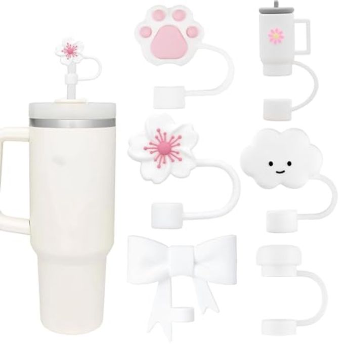 White Straw Cover Cap for Stanley Cup, 6pcs Silicone Flower Straw Toppers Compatible with 20 30 40 Oz Tumbler with Handle, 0.4in/10mm Cute Dust Proof Reusable Straws Stopper Accessories
