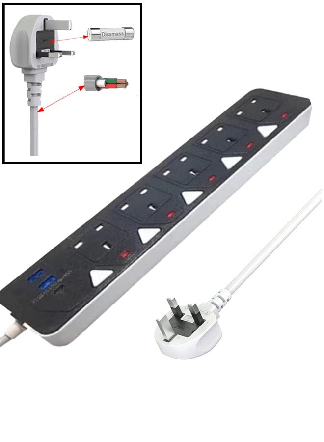 Power Extension Cord,3meter Power Strip has 2USB 1PD Type C & 5UK Power Socket,13A Heavy Duty Extension Lead Surge Protection Extension Socket with safety shutter for Home,Office,Travel (3M-5PW-2USB-1PD) - Image 1