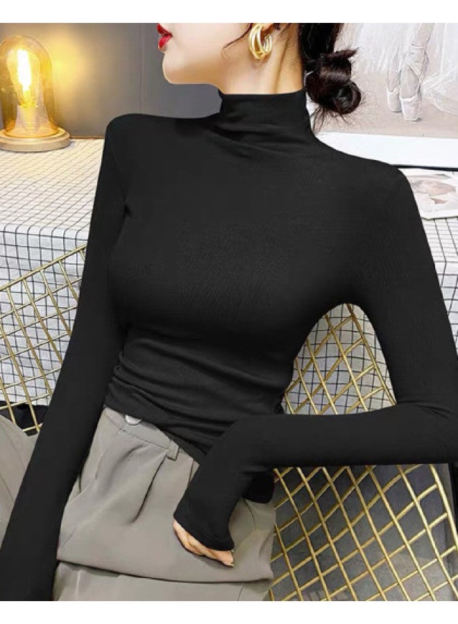 PLANDOO Ribbed High Neck Base Layer Shirt Women'S Autumn Winter Premium Stylish Inner Wear Can Be Worn As Outerwear Long Sleeve T-Shirt High Elasticity Versatile Top - Image 1