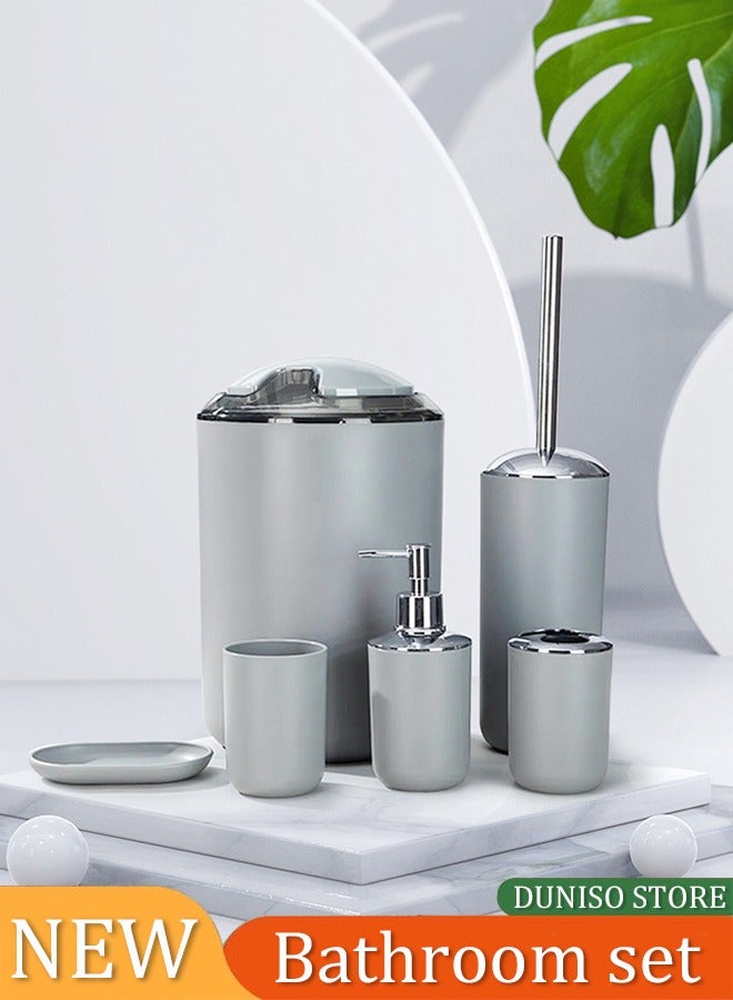 DUNISO مجموعة 6 قطع من ملحقات الحمام، مجموعة هدايا أدوات النظافة البلاستيكية، مجموعة تخزين الحمام، مع زجاجة لوشن، حامل فرشاة أسنان، كوب غسول فم، طبق صابون، فرشاة مرحاض، سلة مهملات - Image 1