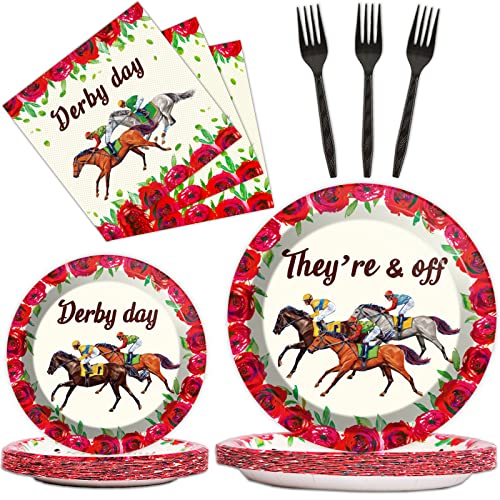 gisgfim Run for The Roses Party Supplies Tableware Set for 24 Guests Derby Day Party Paper Plates Napkins Disposable Horse Racing Decorations Favors for Kentucky Party