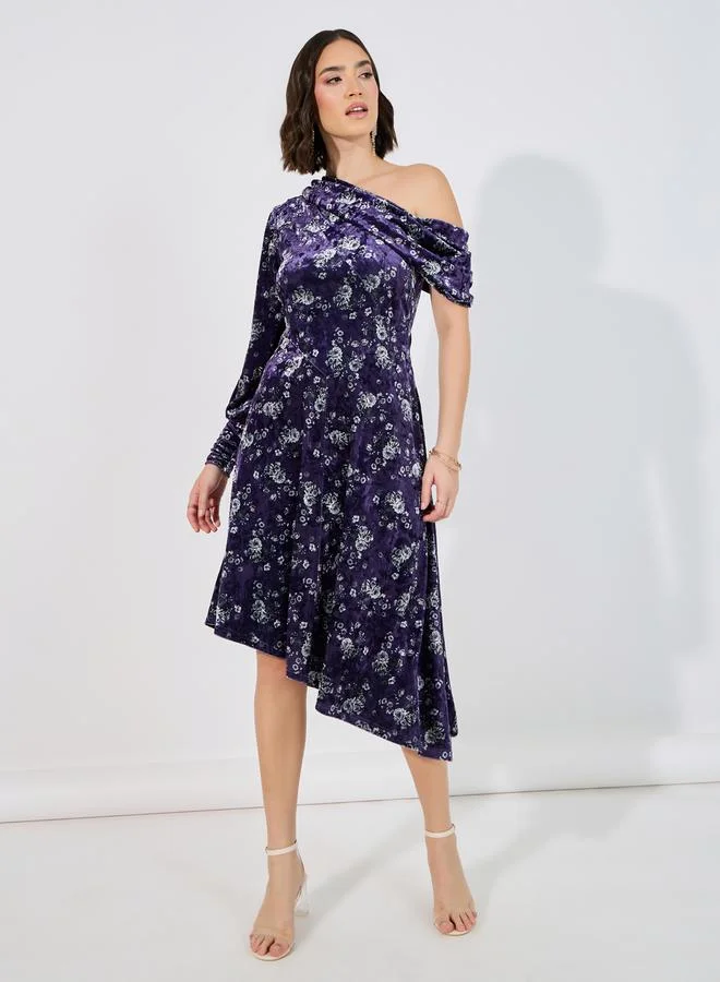 Styli Styli Velvet Look Floral Print Midi Dress with Asymmetric Hem