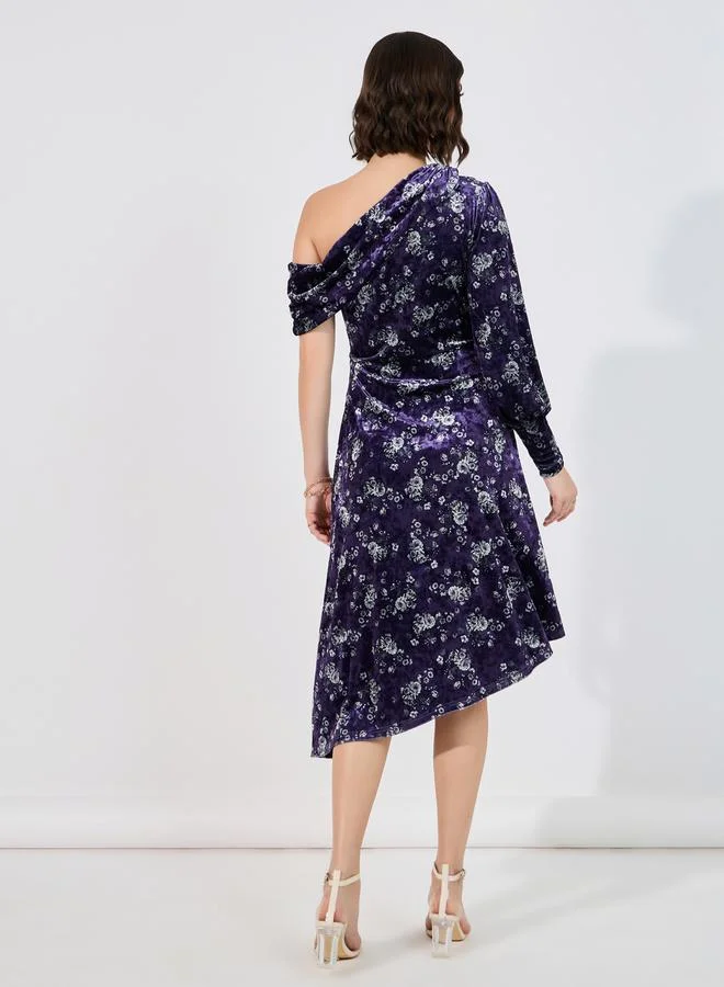 Styli Styli Velvet Look Floral Print Midi Dress with Asymmetric Hem