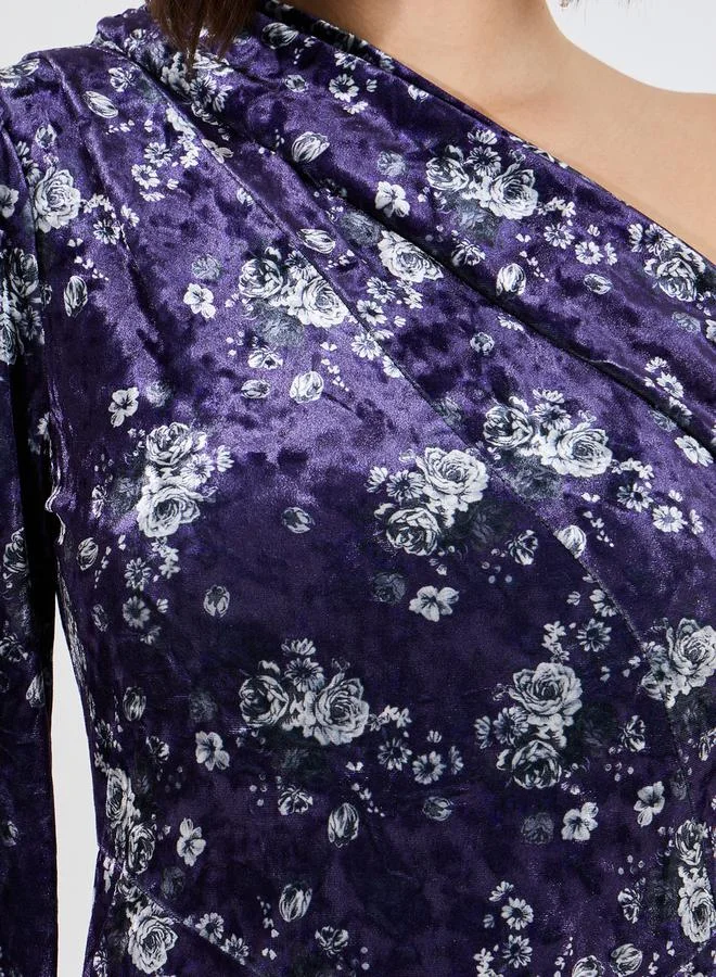 Styli Styli Velvet Look Floral Print Midi Dress with Asymmetric Hem