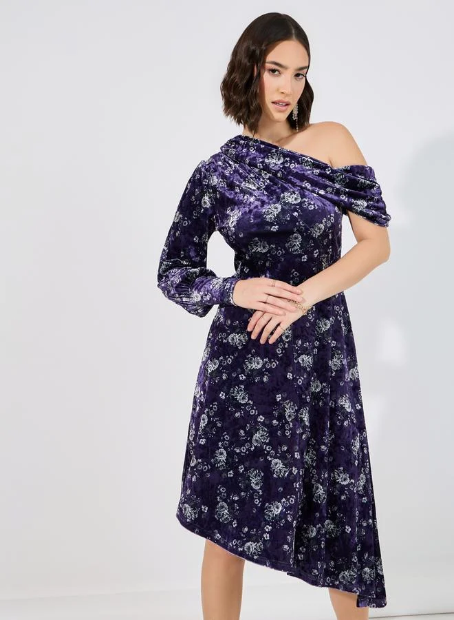 Styli Styli Velvet Look Floral Print Midi Dress with Asymmetric Hem