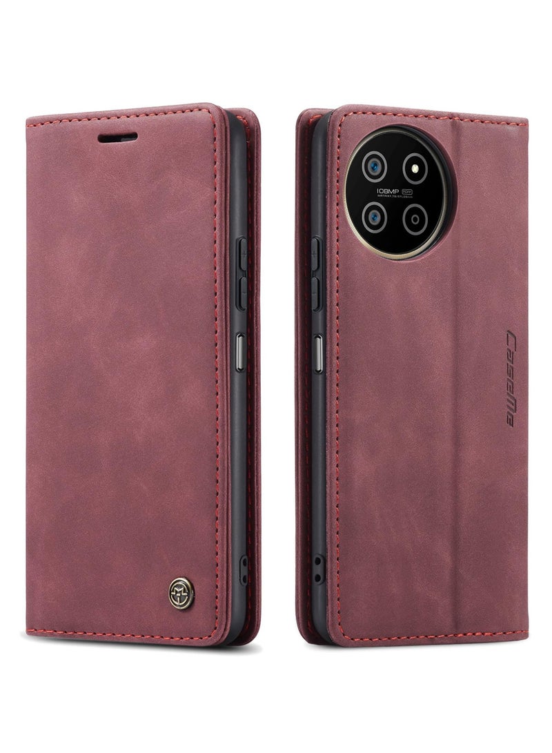 CaseMe Phone Case Luxury PU Leather Design 013 Flip Cover Card Slot Holder Cover For Realme 11 4G (Wine Red)  - Image 1