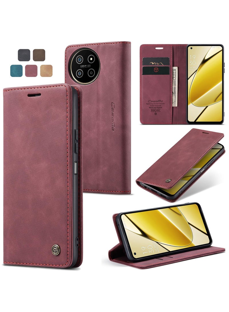 CaseMe Phone Case Luxury PU Leather Design 013 Flip Cover Card Slot Holder Cover For Realme 11 4G (Wine Red)  - Image 3