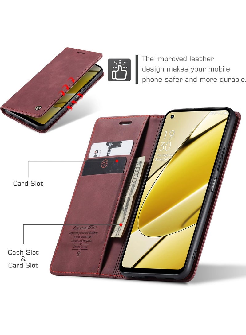 CaseMe Phone Case Luxury PU Leather Design 013 Flip Cover Card Slot Holder Cover For Realme 11 4G (Wine Red)  - Image 5