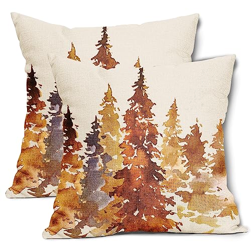 aportt Burnt Orange Fall Tree Pillow Covers18X18 in Set of 2 Nature Themed Autumn Decorative Pillow Cases Watercolor Rustic Forest Pillowcase Home Decor for Living Room Couch Patio Sofa Porch Outdoor - Image 1