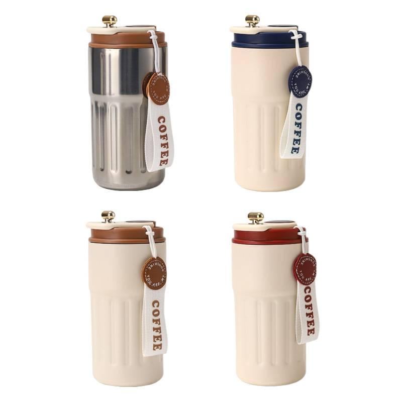 كوب قهوة للسفر بمقبض سهل الحمل وغطاء بفتح زر من ستانلس ستيل مع بطانة خزفية، 450 ml، أسود مع مقبض من الستانلس ستيل باللون الأسود للرحلات اليومية لترتيب الأغراض للمكتب المنزلي - Image 5