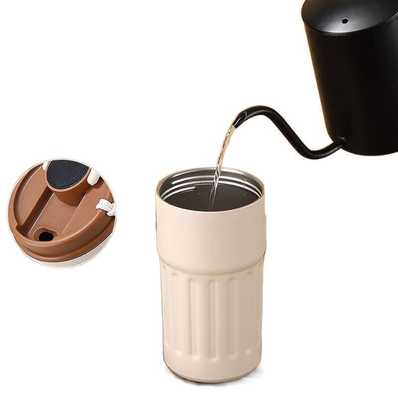 كوب قهوة للسفر بمقبض سهل الحمل وغطاء بفتح زر من ستانلس ستيل مع بطانة خزفية، 450 ml، أسود مع مقبض من الستانلس ستيل باللون الأسود للرحلات اليومية لترتيب الأغراض للمكتب المنزلي - Image 4