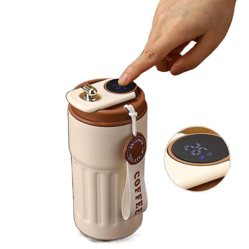 كوب قهوة للسفر بمقبض سهل الحمل وغطاء بفتح زر من ستانلس ستيل مع بطانة خزفية، 450 ml، أسود مع مقبض من الستانلس ستيل باللون الأسود للرحلات اليومية لترتيب الأغراض للمكتب المنزلي - Image 2