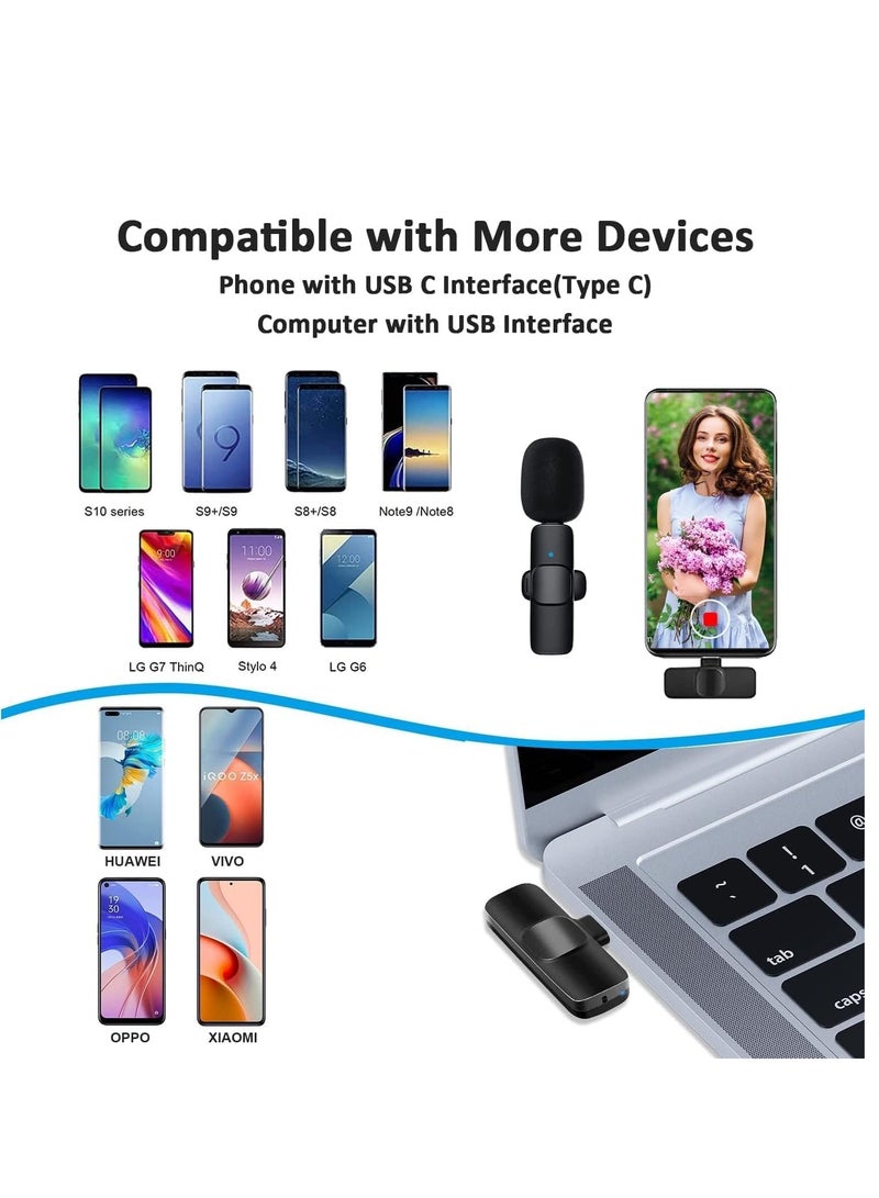 Professional Wireless Lavalier Lapel Microphone for Android Computer - Cordless Omnidirectional Condenser Recording Mic with USB C Interface for Interview Video Podcast Vlog YouTube