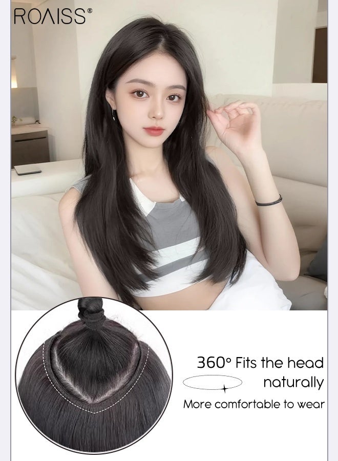 roaiss V-Shaped Layered Straight Hair Invisible Clip-in Extension, One Piece Hair Extension Wig with 5 Clips, Heat Resistant Synthetic Hairpiece for Women , Increase Hair Volume Brown Black, 55cm (21.7 inches) - Image 3