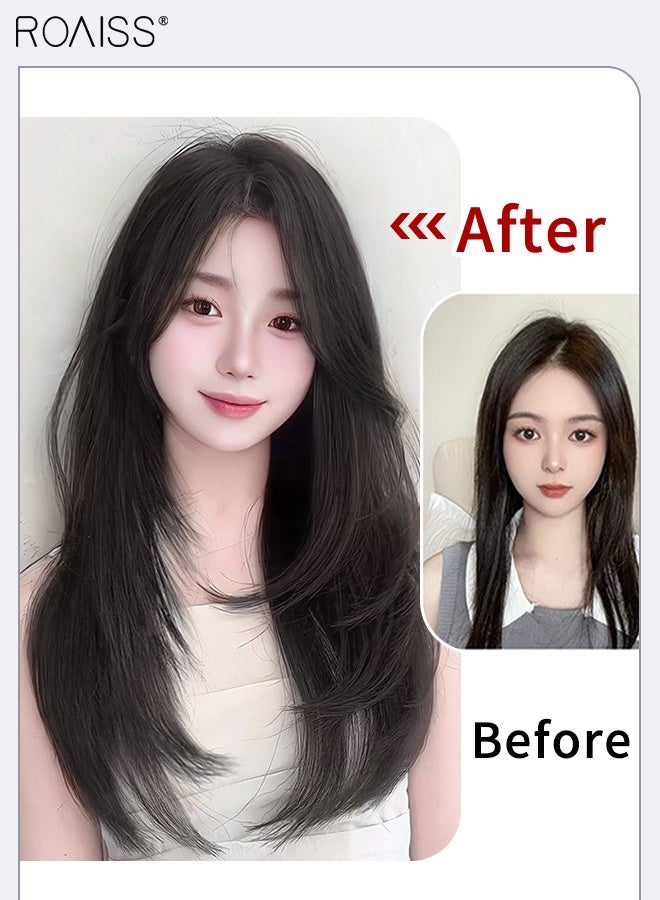roaiss V-Shaped Layered Straight Hair Invisible Clip-in Extension, One Piece Hair Extension Wig with 5 Clips, Heat Resistant Synthetic Hairpiece for Women , Increase Hair Volume Brown Black, 55cm (21.7 inches) - Image 5