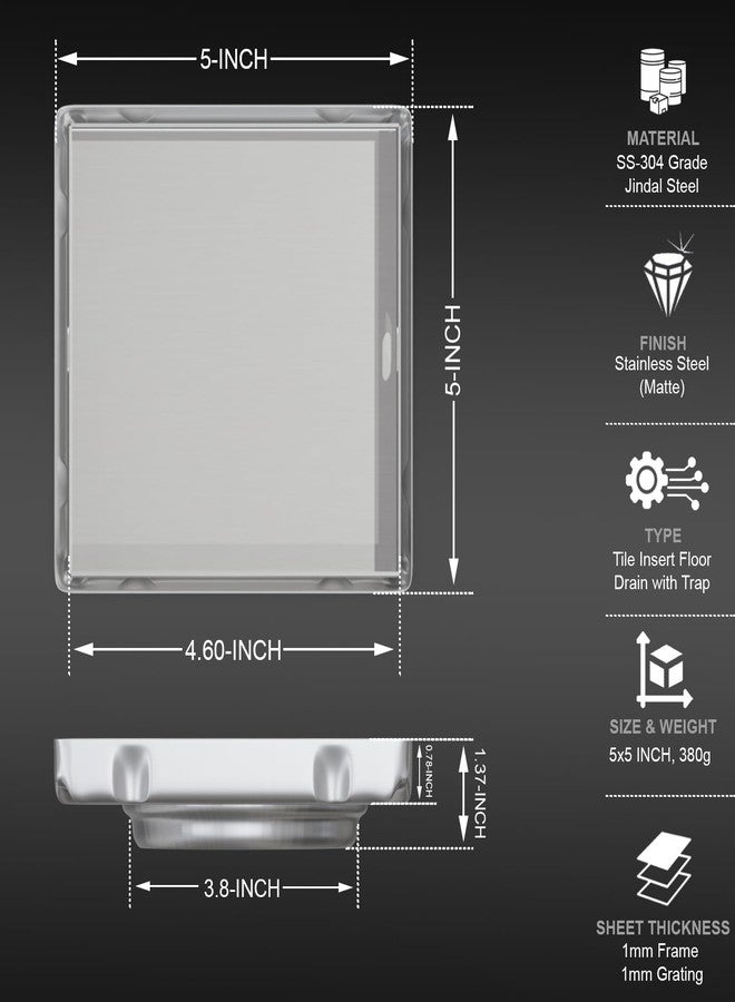 ALTON ALD1011, SS-304 Grade, 5x5 INCH, Tile Insert Bathroom Grating Square Floor Drain Jali, Matte - Image 1