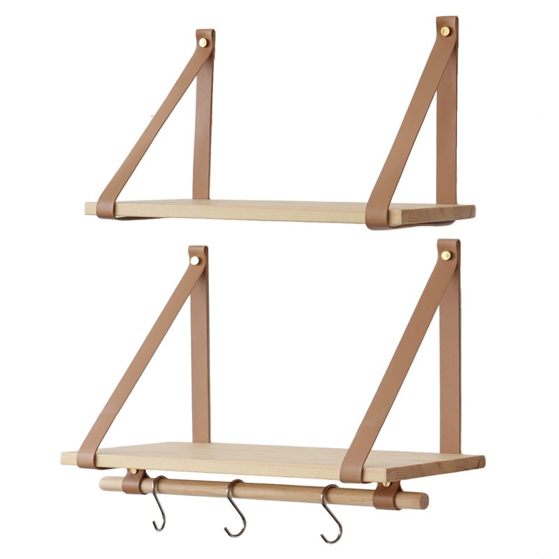 FRIADE Wall Wood Floating Shelves,Multifunctional PU Leather Strap Storage Shelves,Storage Organizer for Kitchen,Living Room,Bedroom,Study,Set of 2 (Burlywood) - Image 1