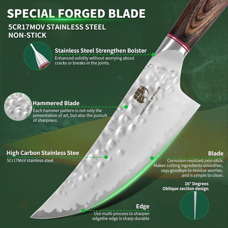 FULLHI Hammered Blade Kitchen Knife with Guard, Non-stick Chef's Knives, Pakka Wood Handle Japanese Knife, Premium German Stainless Steel Kitchen Knives with Sheath (6.8 inch) - Image 4