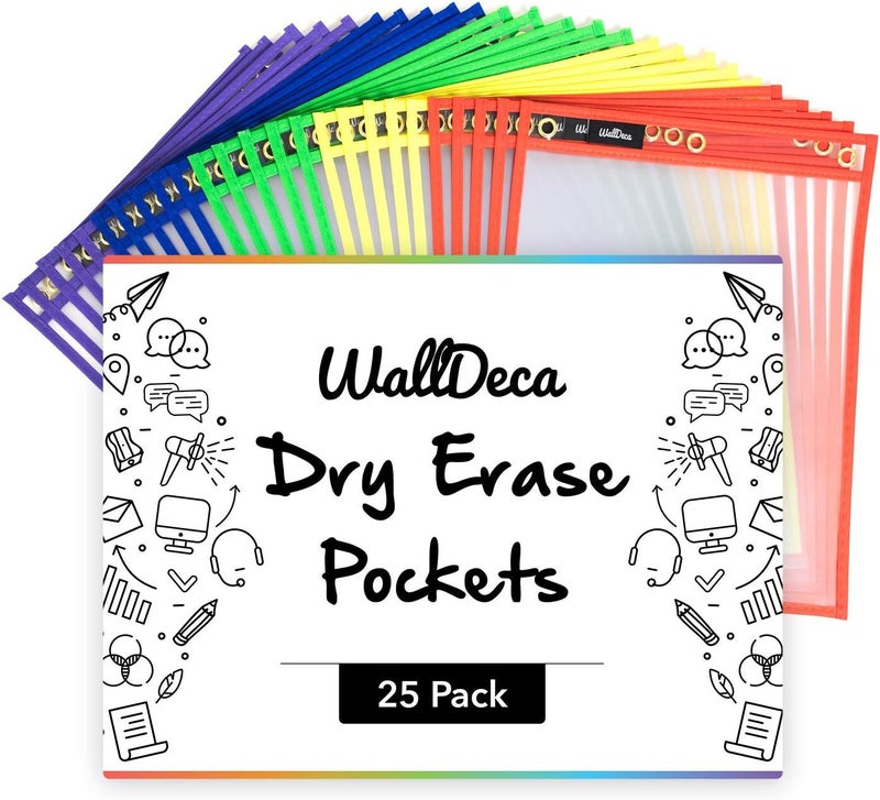WallDeca Dry Erase Plastic Sleeves for Paper 8.5x11 inches 25 pk - Dry Erase Pockets Reusable Sleeves - Plastic Covers for Paper Holder Pack, Write and Wipe Pockets, Clear Pockets for Classroom - Image 1