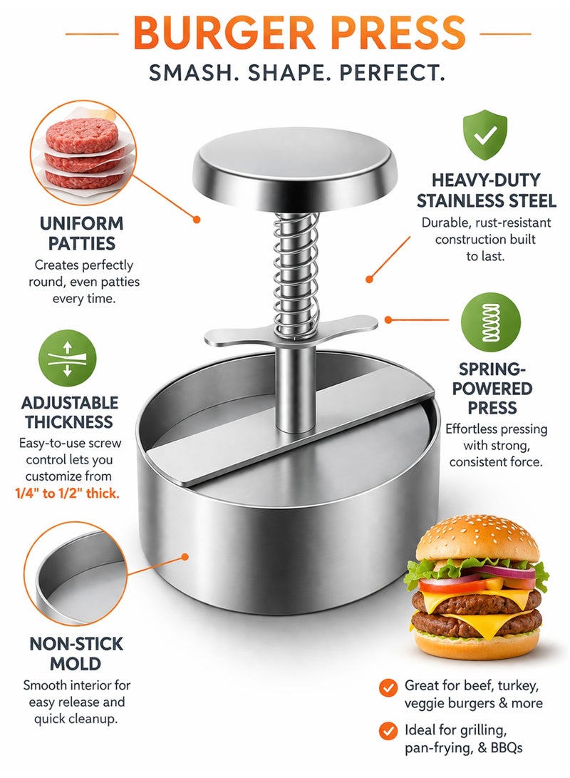 10cm Stainless Steel Burger Press – Adjustable Non Stick Hamburger Patty Maker with Spring Button for BBQ & Homemade Burgers - Image 2
