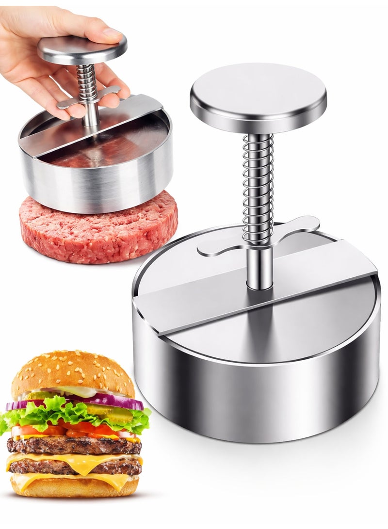 10cm Stainless Steel Burger Press – Adjustable Non Stick Hamburger Patty Maker with Spring Button for BBQ & Homemade Burgers - Image 1