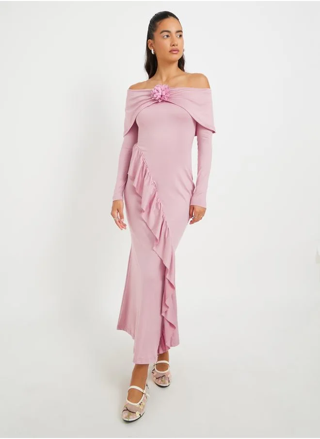 تايك تو Take Two Solid Off Shoulder Mermaid Maxi Dress with Corsage Detail