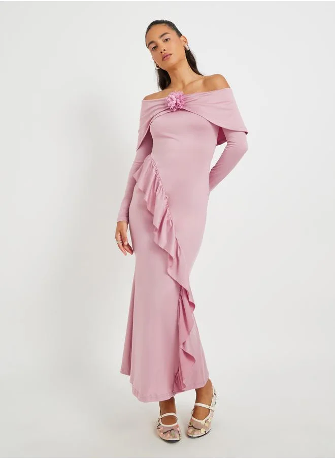 تايك تو Take Two Solid Off Shoulder Mermaid Maxi Dress with Corsage Detail