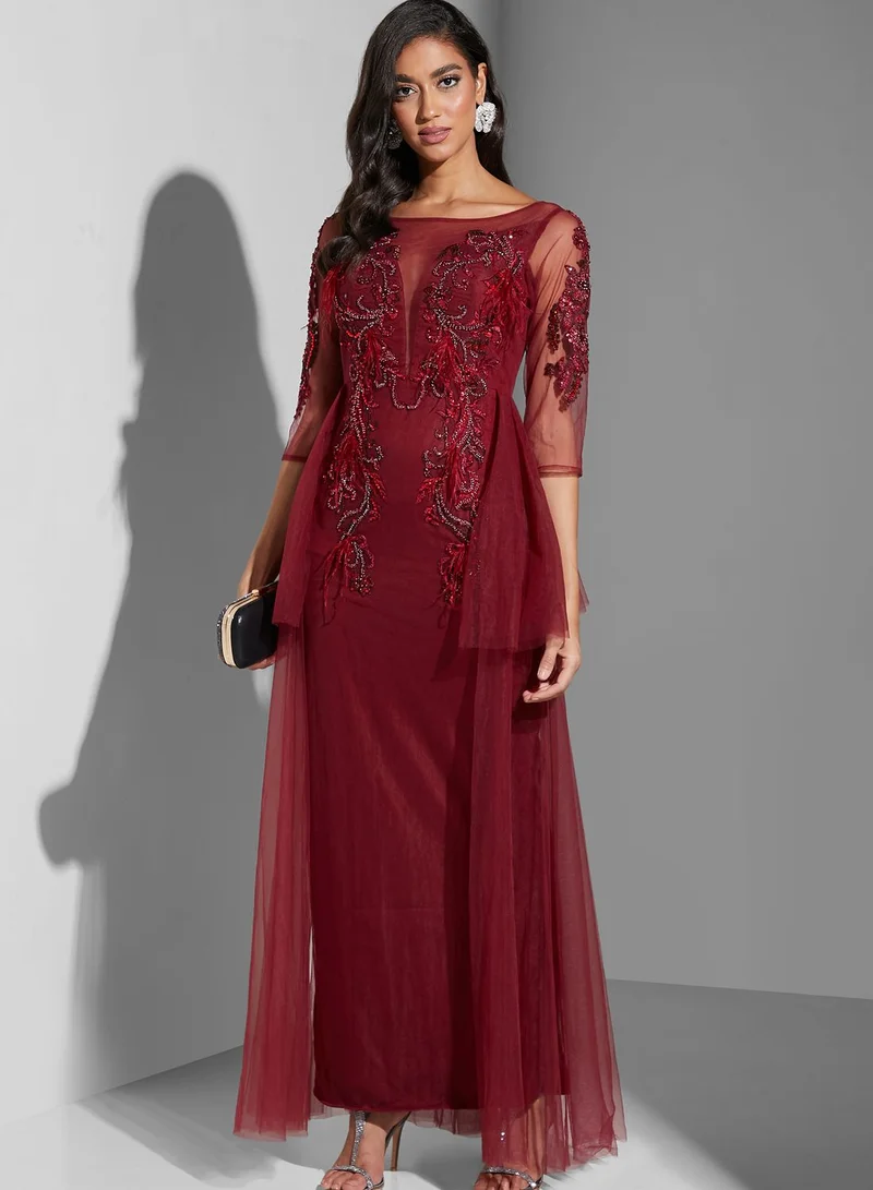 Fashion Trends by Suzy Matar Tulle Detail Embroidered Dress