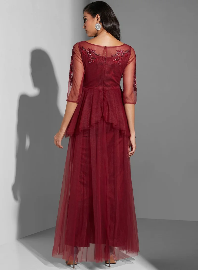 Fashion Trends by Suzy Matar Tulle Detail Embroidered Dress