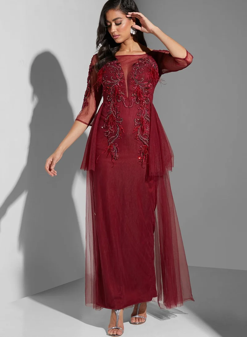 Fashion Trends by Suzy Matar Tulle Detail Embroidered Dress