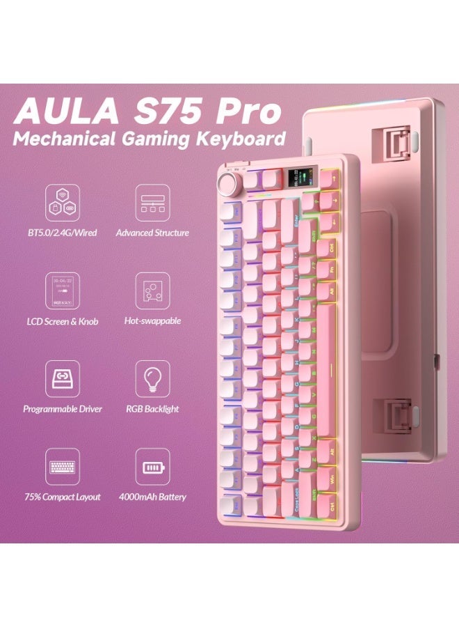 AULA S75 Pro Gaming Keyboard 75%, BT5.0/2.4G/USB-C Wireless Mechanical Keyboard with Display & Button, Five-Layer Padding Structure, QWERTY, RGB, Hot Swap, Creamy Sound (Pink) - Image 3