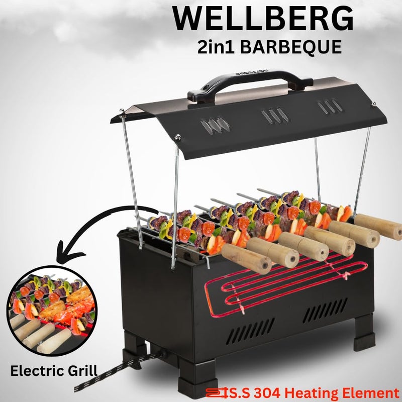 Wellberg - 2 in 1 Electric and Charcoal Barbeque Grill | Large Size | Includes Auxiliary Equipment | Comes with 6 Skewers, Grid, Tong, Black, Metal - Image 3