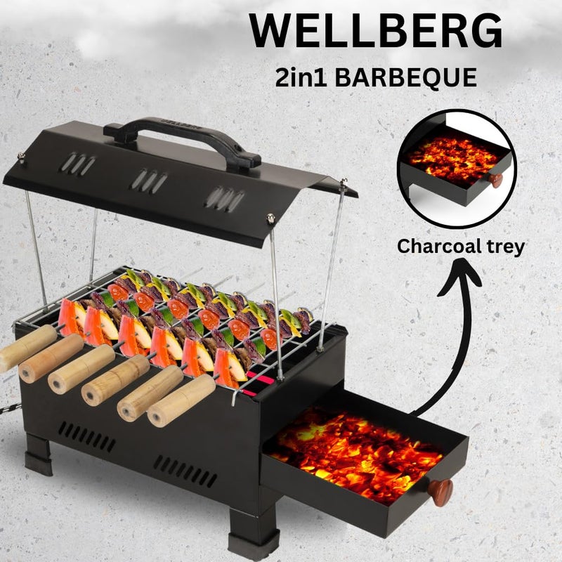 Wellberg - 2 in 1 Electric and Charcoal Barbeque Grill | Large Size | Includes Auxiliary Equipment | Comes with 6 Skewers, Grid, Tong, Black, Metal - Image 2