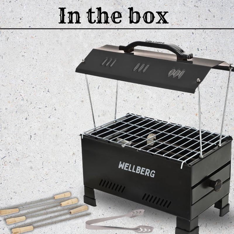 Wellberg - 2 in 1 Electric and Charcoal Barbeque Grill | Large Size | Includes Auxiliary Equipment | Comes with 6 Skewers, Grid, Tong, Black, Metal - Image 5
