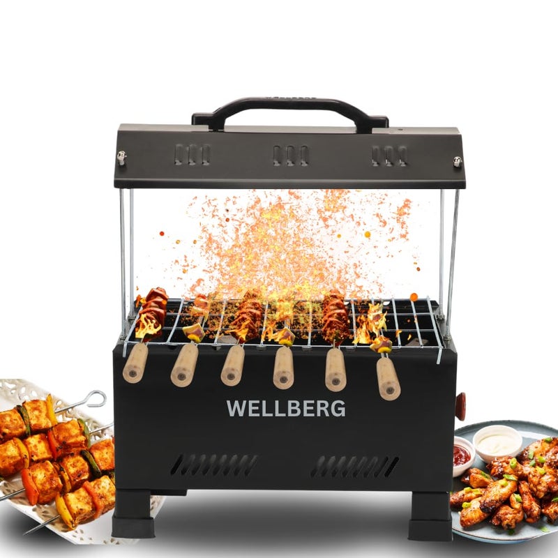 Wellberg - 2 in 1 Electric and Charcoal Barbeque Grill | Large Size | Includes Auxiliary Equipment | Comes with 6 Skewers, Grid, Tong, Black, Metal - Image 1
