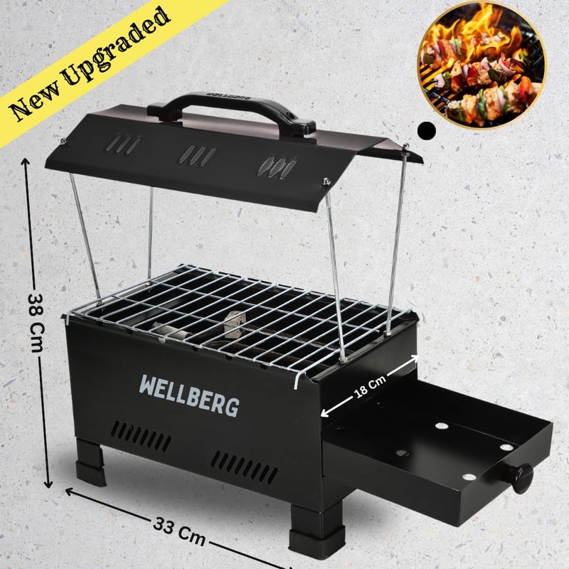 Wellberg - 2 in 1 Electric and Charcoal Barbeque Grill | Large Size | Includes Auxiliary Equipment | Comes with 6 Skewers, Grid, Tong, Black, Metal - Image 4