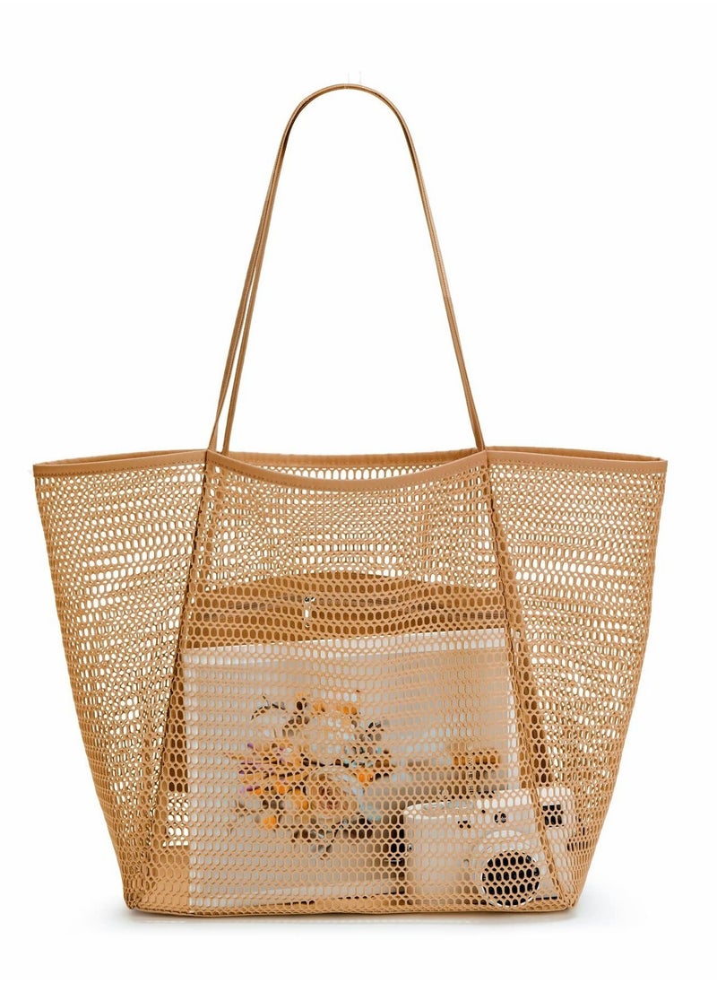 Excefore Mesh Beach Bag for Women, Large Tote Bag Lightweight Foldable Beach Tote with Zipper Pocket for Women Vacation Beach Pool Trip  - Image 1