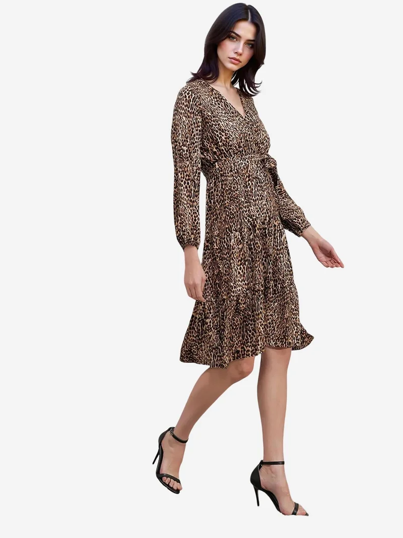 Big Dart Beige Natural BDART Leopard Print Midi Dress with Bow for Women | Best Price UAE