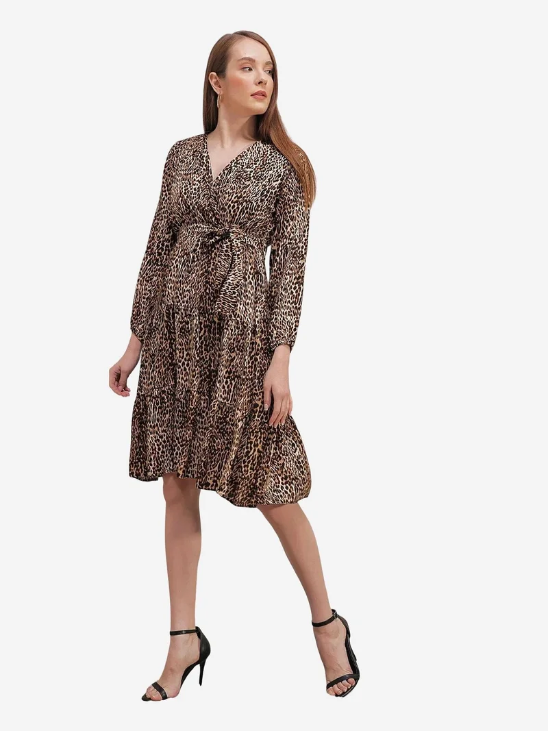 Big Dart Beige Natural BDART Leopard Print Midi Dress with Bow for Women | Best Price UAE
