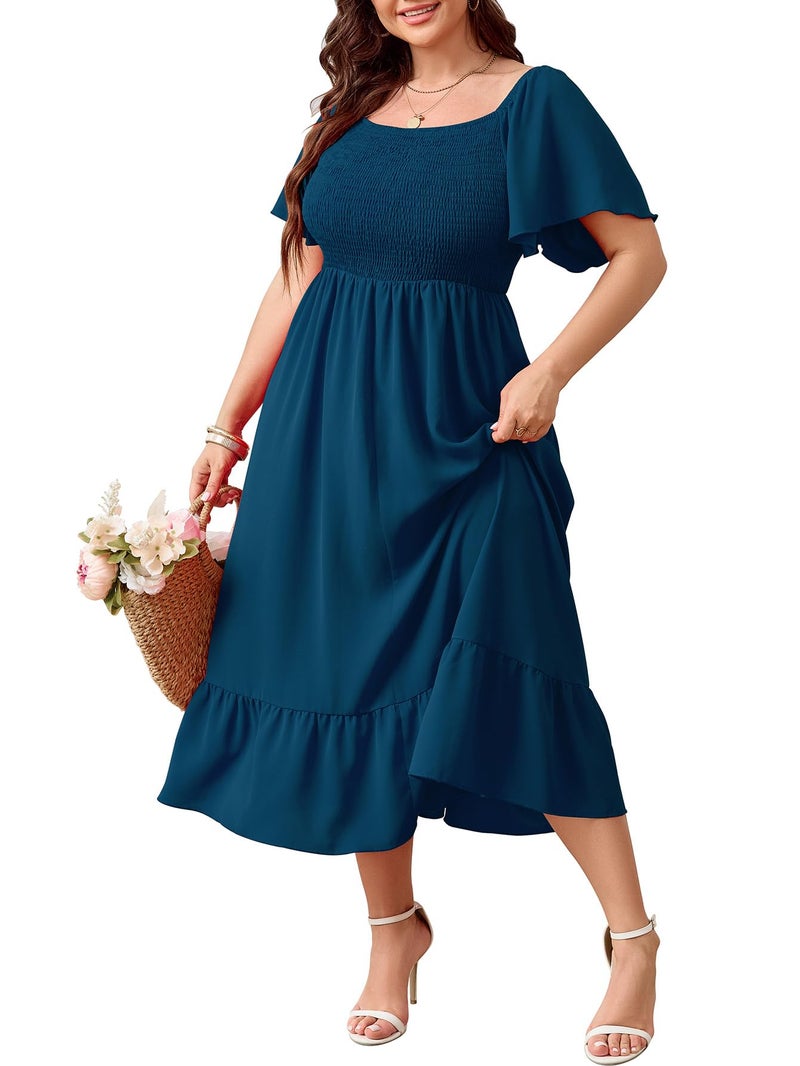 SCOMCHIC Women's Plus Size Summer Dress Casual Short Sleeve Scoop Neck Maxi Dress Smocked Ruffle Boho Flowy Long Dresses Lake Blue - Image 1