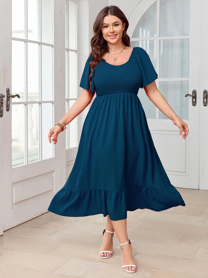SCOMCHIC Women's Plus Size Summer Dress Casual Short Sleeve Scoop Neck Maxi Dress Smocked Ruffle Boho Flowy Long Dresses Lake Blue - Image 4