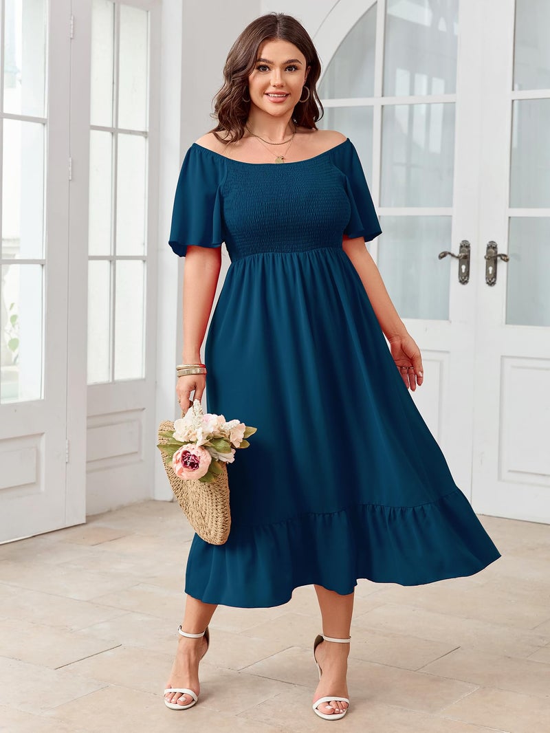 SCOMCHIC Women's Plus Size Summer Dress Casual Short Sleeve Scoop Neck Maxi Dress Smocked Ruffle Boho Flowy Long Dresses Lake Blue - Image 2